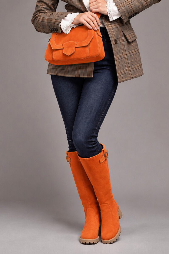 Women's orange custom-made buckle knee-high boots with  and - Top view